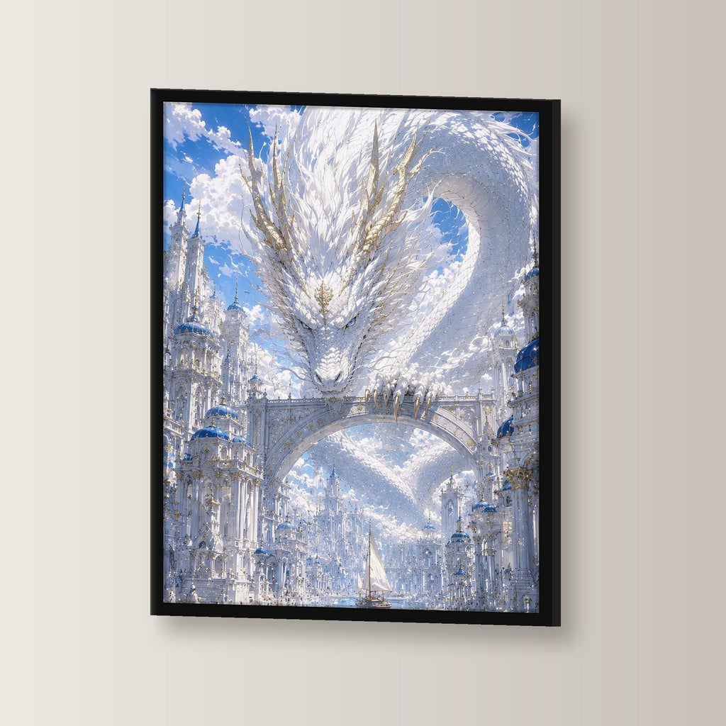 Dark-Fantasy Poster gerahmt im schwarzen Holzrahmen, leicht gedreht an der Wand fotografiert