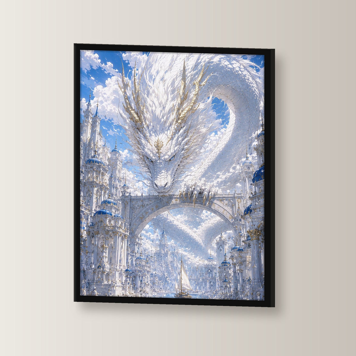 Dark-Fantasy Poster gerahmt im schwarzen Holzrahmen, leicht gedreht an der Wand fotografiert