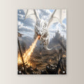 Weißer Drache speit Feuer über der Burgstadt, Dark Fantasy Acrylglasbild auf Acrylglas mit Edelstahl-Abstandshaltern, gerade von vorn an heller Wand