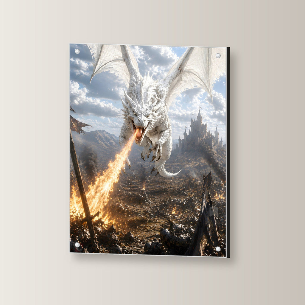 Weißer Drache speit Feuer über der Burgstadt, Dark Fantasy Acrylglasbild auf Acrylglas mit Edelstahl-Abstandshaltern, leicht gedreht an der Wand fotografiert