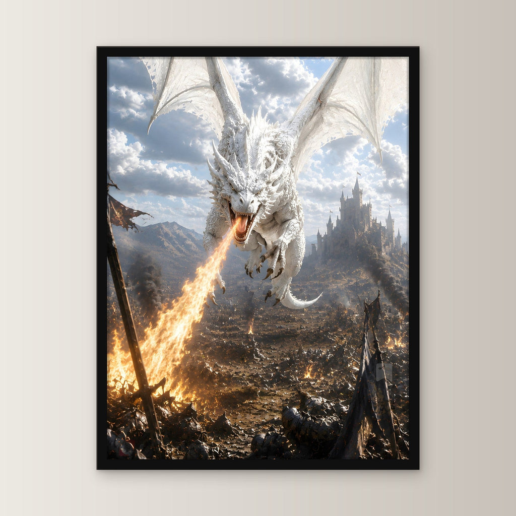 Weißer Drache speit Feuer über der Burgstadt, Fantasy Wandbild gerahmt im schwarzen Holzrahmen, gerade von vorn an heller Wand