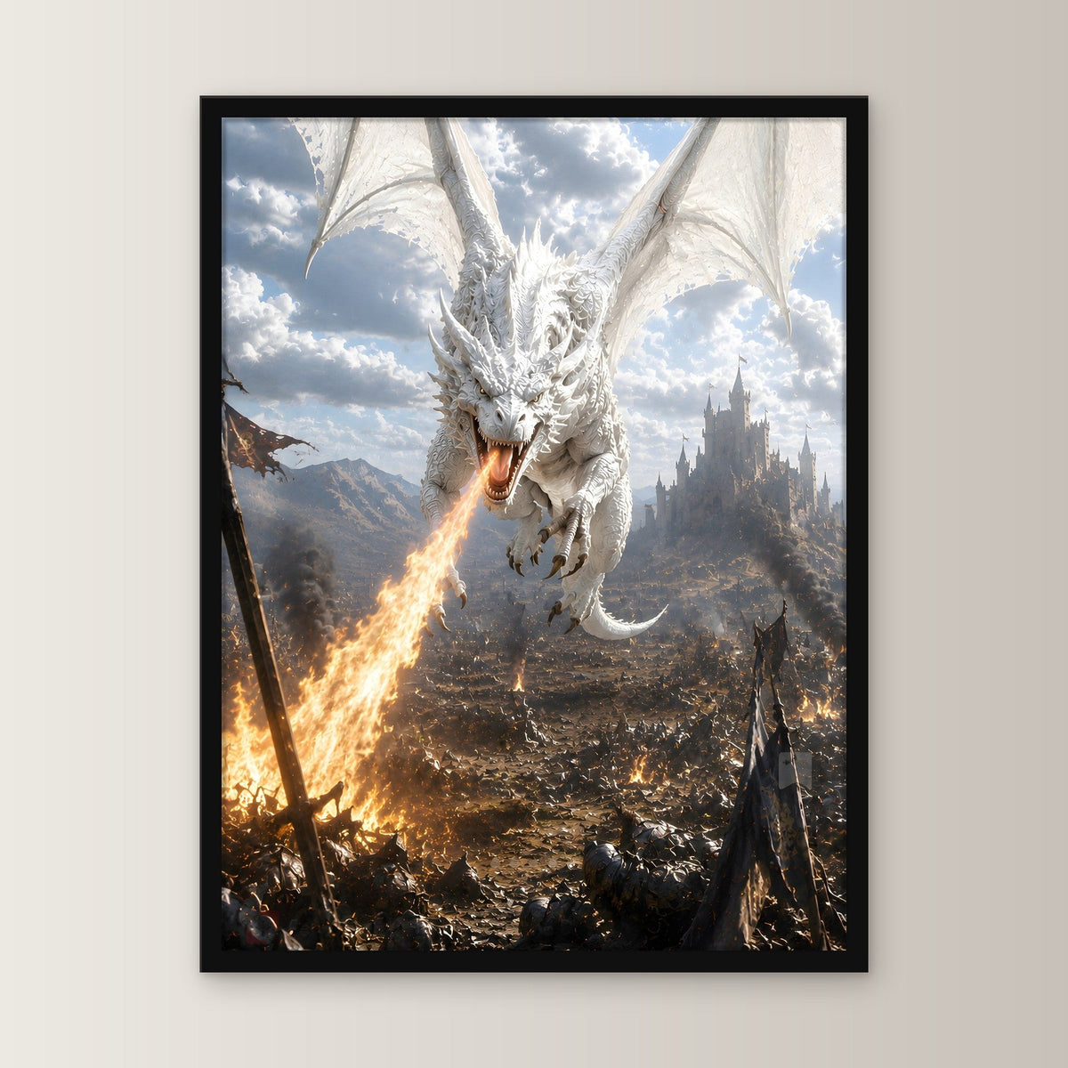 Weißer Drache speit Feuer über der Burgstadt, Fantasy Wandbild gerahmt im schwarzen Holzrahmen, gerade von vorn an heller Wand